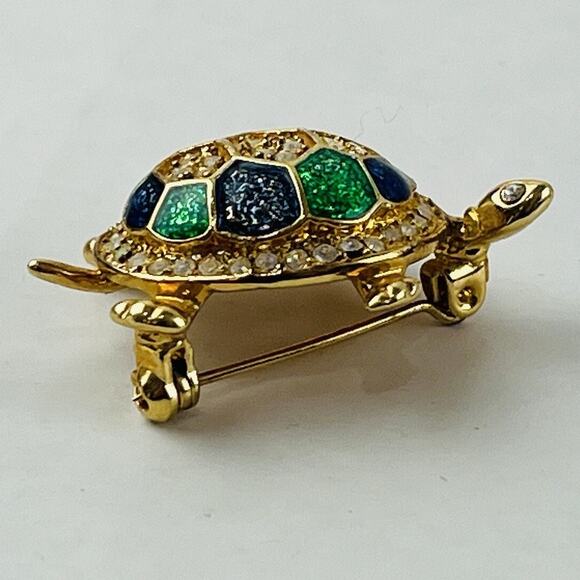 Vintage Turtle Pin Brooch Rhinestones Blue Enamel Shell 1.5" Pave Style Goldtone - Picture 6 of 10